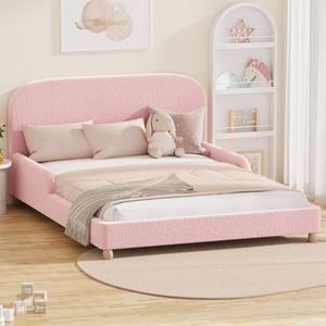 Oikiture Kids Bed Frame Double Side Guard Rails Boucle Pink