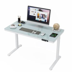Advwin Electric Standing Desk with Drawer One-Piece Glass Desktop 120x60cm White