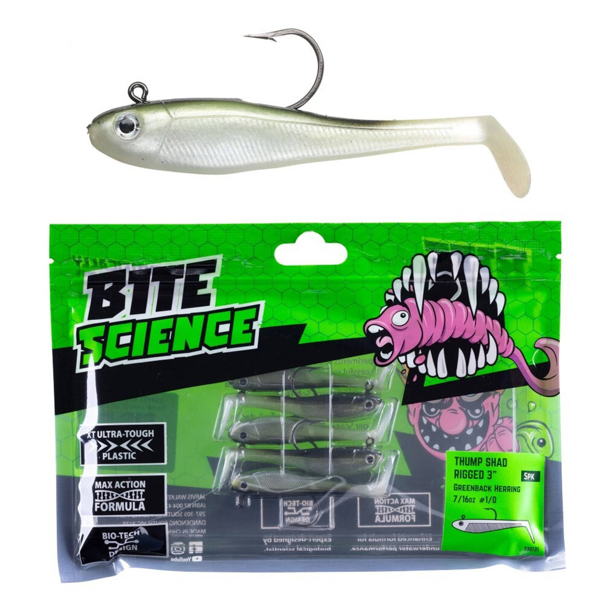 5 Pack of 3 Inch Bite Science Thump Shad Rigged Soft Plastics ...