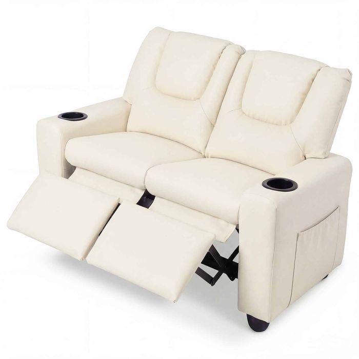 Costway 2Seater Recliner Chair Kid Sofa Adjustable Loveseat PU Beige