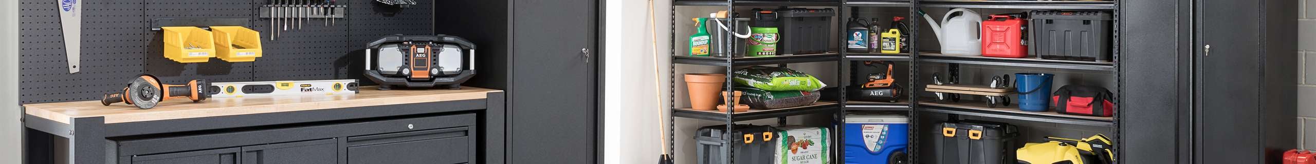 Garage featuring the Pinnacle Modular storage range, 2090 series shelving and pegboard hooks.