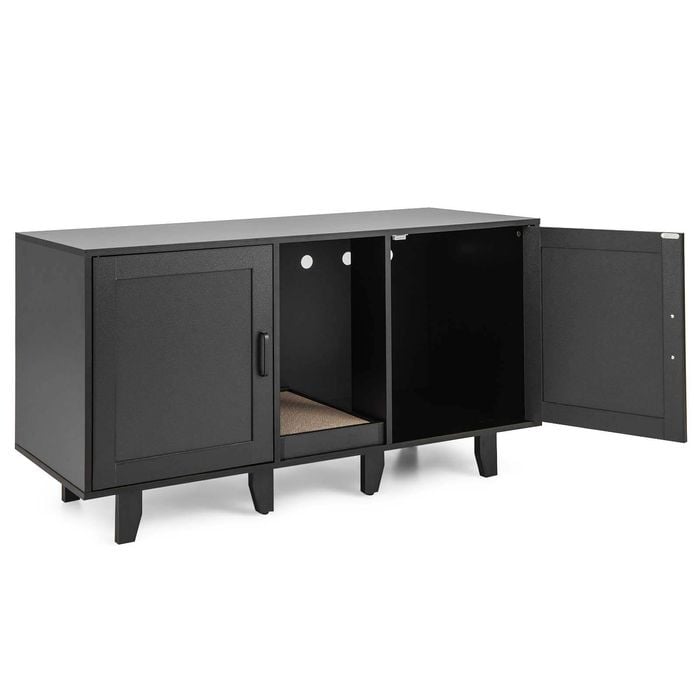 Costway Wooden Cat Litter Storage Cabinet Double Door Cat House w/Scratch Pad Black