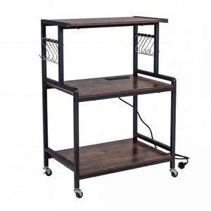 Costway 3tier Kitchen Rolling Utility Cart Power Outlet 10hook Brown