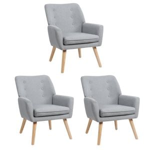 Oikiture 3x Armchair Lounge Chair Linen Accent Armchairs Tub Chairs Sofa Grey