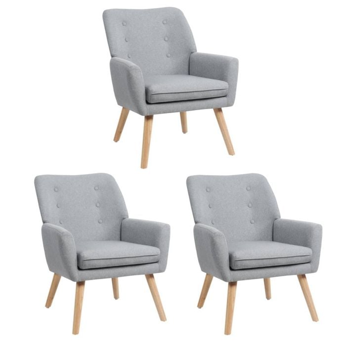 Oikiture 3x Armchair Lounge Chair Linen Accent Armchairs Tub Chairs Sofa Grey