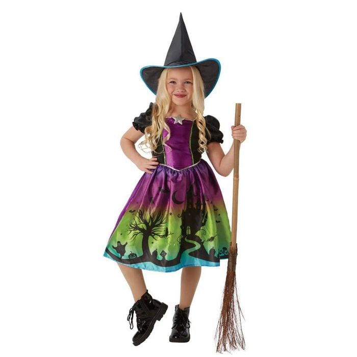 Ombre Witch Halloween Costume with Printed Dress and Hat for Halloween or Book Day, 9-10-YRS