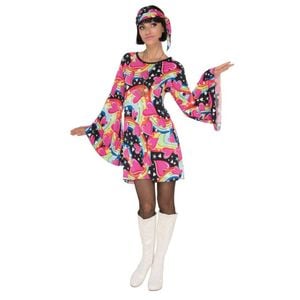Women's 60s Go Go Girl Halloween Costume – Colourful Mini Dress with Head Scarf Multi Colour, Small