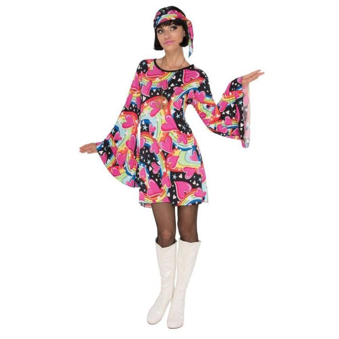 Women's 60s Go Go Girl Halloween Costume – Colourful Mini Dress with Head Scarf Multi Colour, Small