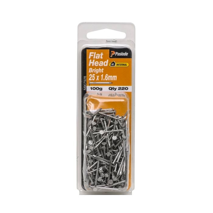 Paslode 25 x 1.6mm 100g Bright Steel Flat Head Nails - 220 Pack