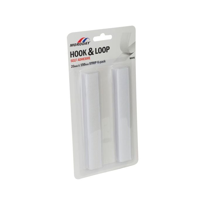 Moroday 20 x 150mm White Hook And Loop Self Adhesive Strip  - 6 Pack