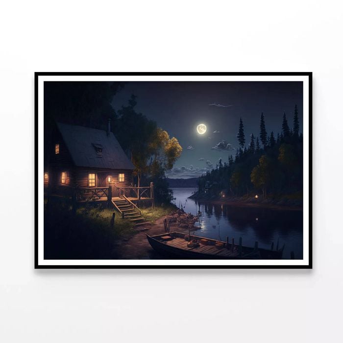 House, Trees, Lake at Night  Print 100% Australian Made 90x60cm  (Poster)