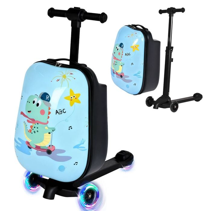 Advwin 2-in-1 Kids Ride-on Luggage w/ Wheels Foldable Scooter Suitcase Dinosaur Blue