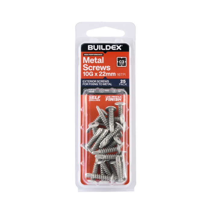Buildex 10G x 22mm Class 3 Sheet Metal Screws - 25 Pack