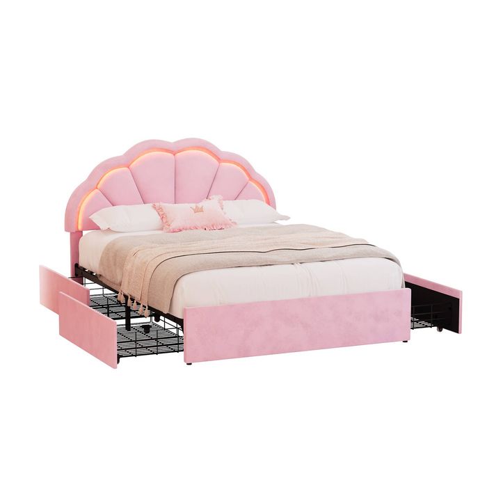 Oikiture Double Size Bed Frame LED Shell Headboard with Drawers Velvet Pink