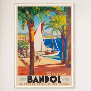Galrie Bandol Land of Sun and Flowers Vintage Travel Poster from Cote d'Azur Artwork, Wood Frame, A1 60 x 84cm (23 x 33inch)