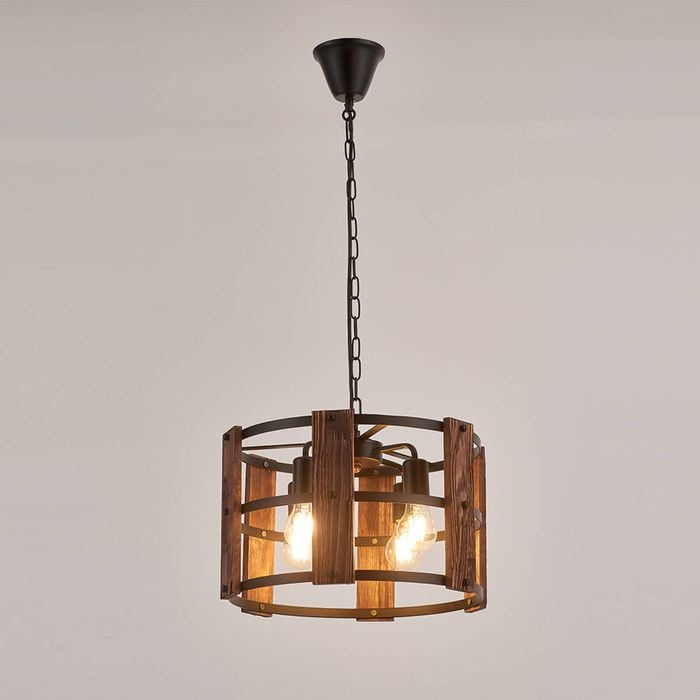 LumenSphere Valeria 4-Light Retro Wood Pendant - Black Finish, Natural Wood Accents, E27 Base