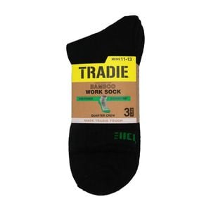Tradie Men's Black Bamboo Ribbed 3 Pack Quarter Crew Socks - Size 11-13