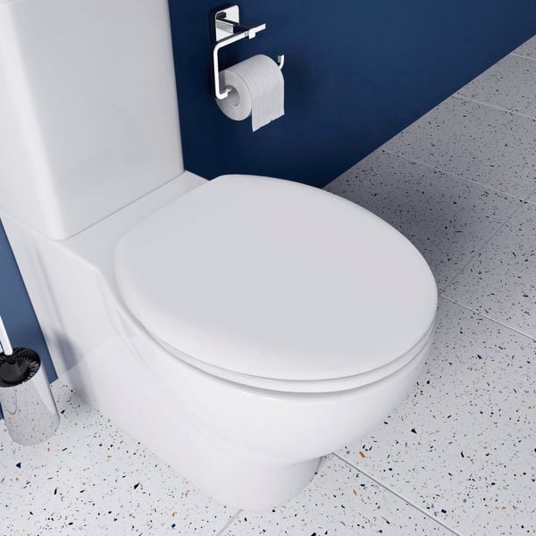 White toilet, a toilet roll holder and toilet brush on tiled floors.