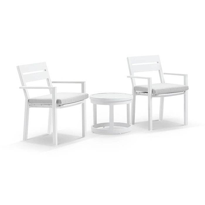 Santorini Outdoor Aluminium Patio Set White With Side Table & Textured Grey Cushions