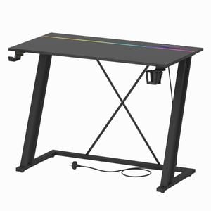 Advwin Gaming Desk Built-in LED Lights & Power Outlets 100cm Carbon Fiber Surface Computer Desk Black