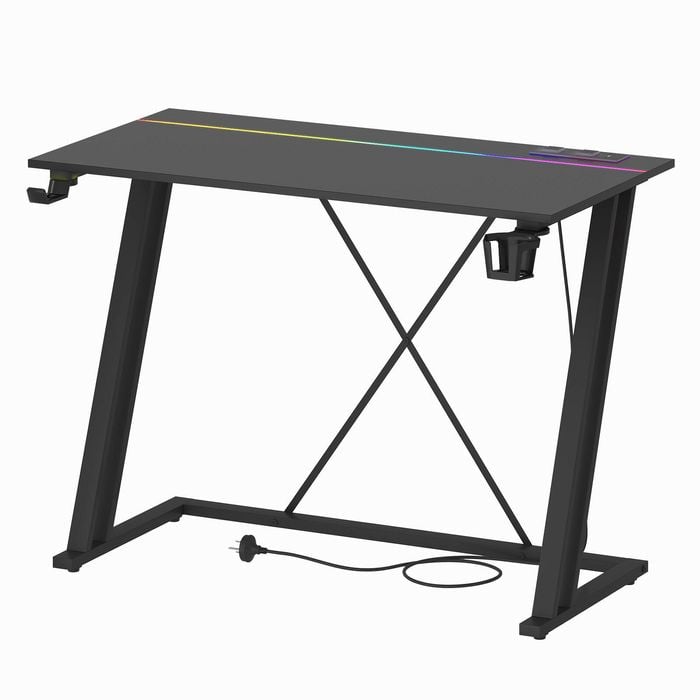 Advwin Gaming Desk Built-in LED Lights & Power Outlets 100cm Carbon Fiber Surface Computer Desk Black
