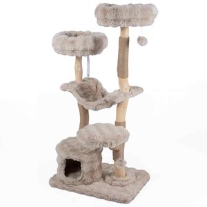 Costway 147cm Cat Tree Tower Cave Hammock 3Platform Wood Plush-Beige