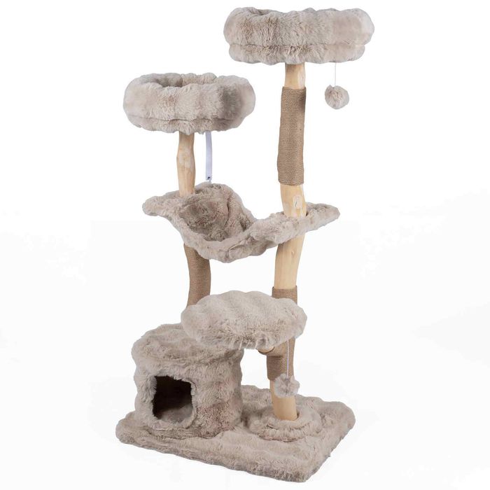 Costway 147cm Cat Tree Tower Cave Hammock 3Platform Wood Plush-Beige