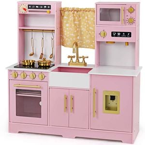 Costway Kid Pretend Cooking Play Set Wooden Kitchen Playset Toy Pink