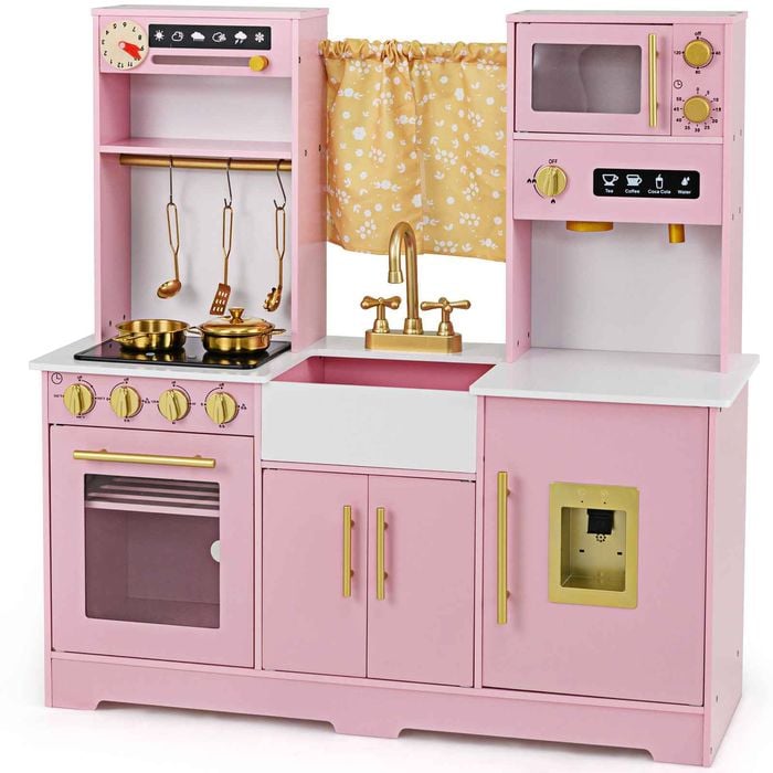 Costway Kid Pretend Cooking Play Set Wooden Kitchen Playset Toy Pink