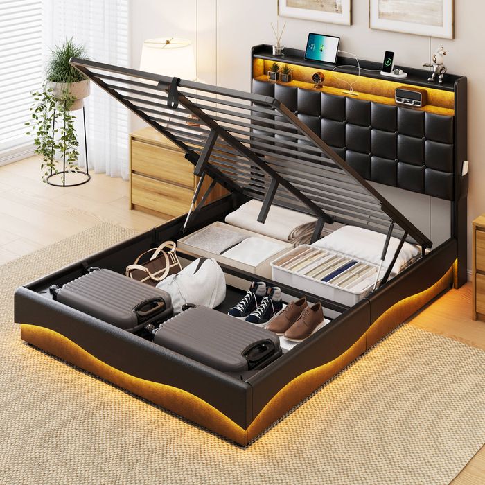 Homfurn Queen Bed Frame with Storage, Gas Lift Bed Queen Size Leather ...