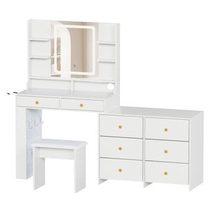 Advwin LED Dressing Table Extendable Vanity Desk with 8 Drawers, Power Outlet, White