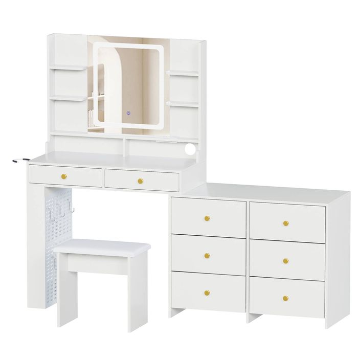 Advwin LED Dressing Table Extendable Vanity Desk with 8 Drawers, Power Outlet, White