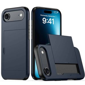 For Apple iPhone 17 Air Slide Armor Card Holder Wallet Protective Shockproof Hard Dual Layer Back Cover (Navy Blue)