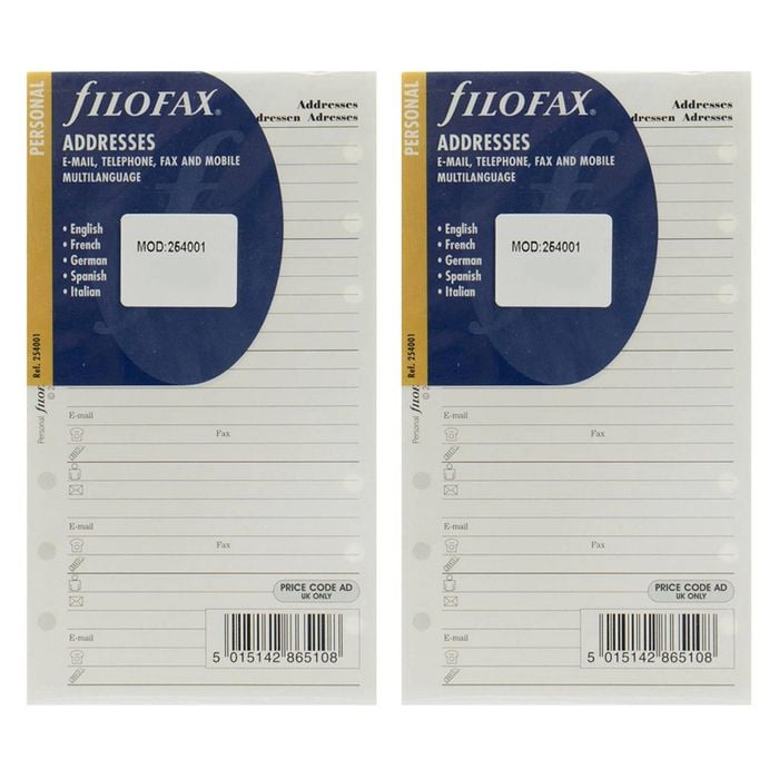 2x 20pc Filofax Address Name/number Refill Multilanguage Office Stationery