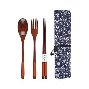 Anygleam 3-Pc Orange and Blue Pouch Set with Wooden Spoon, Fork and Chopsticks