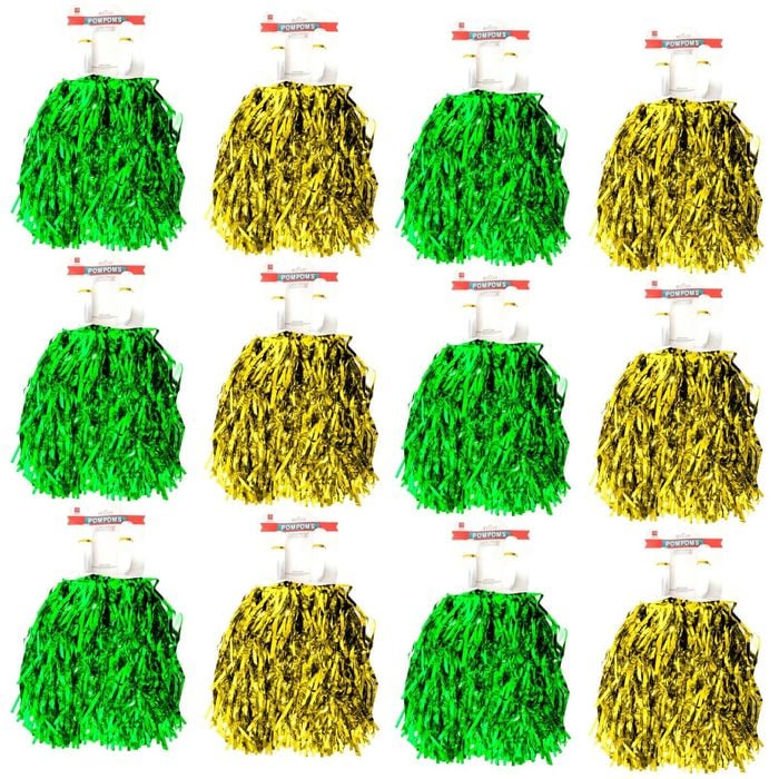 Green & Yellow Metallic Cheerleading Pom Poms – 12-Pack 6 Green Pairs & 6 Yellow Pairs Australia Day