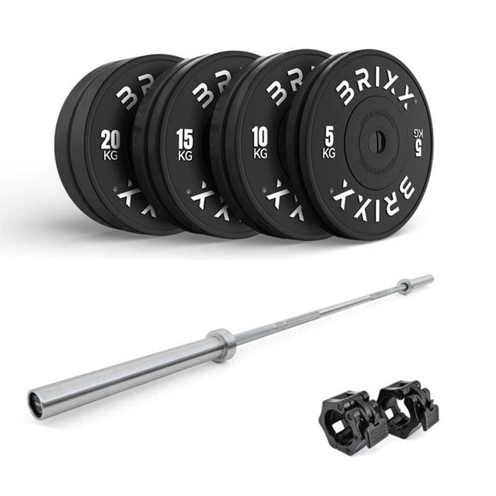 Brixx 100kg Pro Black Olympic Bumper Plates + 20kg Barbell