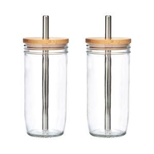 2pk La Cafetiere Glass Bubble Tea Tumbler W/ Stainless Steel Straw & Brush 650ml
