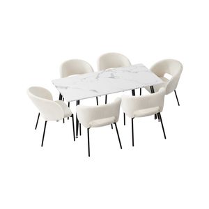 Oikiture 7PCS Dining sets 120cm Rectangle Table with Chairs Sherpa White