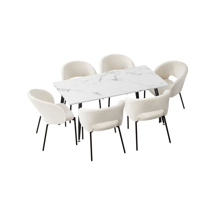 Oikiture 7PCS Dining sets 120cm Rectangle Table with Chairs Sherpa White
