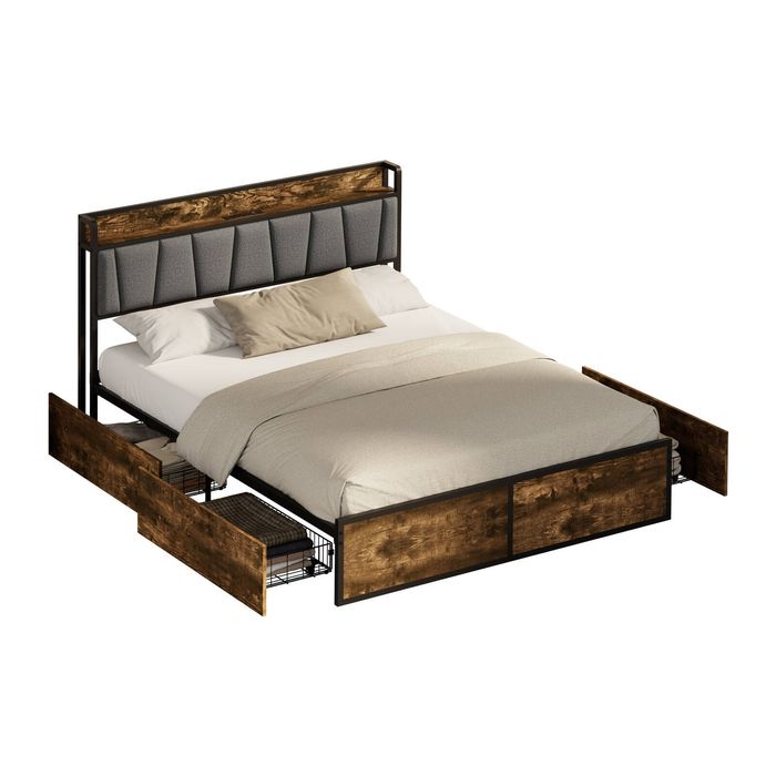 Oikiture Double Metal Bed Frame Storage Headboard AC USB Charge