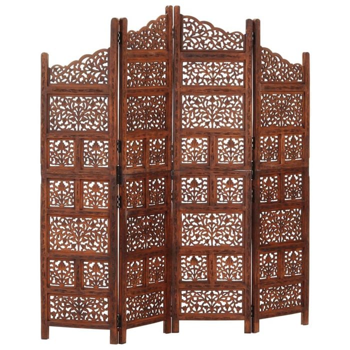 vidaXL Solid Mango Wood Hand carved 4-Panel Room Divider Brown 160cm Screen