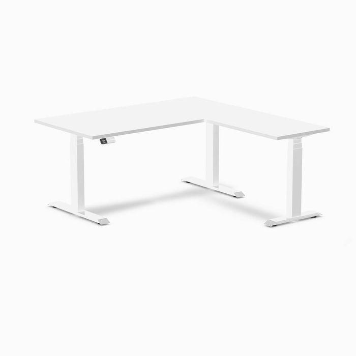Desky Eco L-shape Sit To Stand White Melamine Desk 1500x1550mm White Height Adjustable Leg
