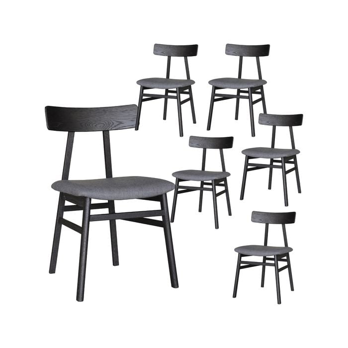 Claire Dining Chair Set of 6 Solid Oak Wood Fabric Seat Furniture - Black