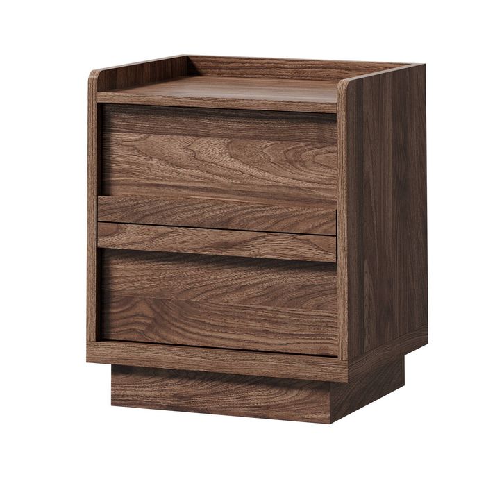 Oikiture Bedside Table 2 Drawers Handle-Free Side End Cabinet Walnut