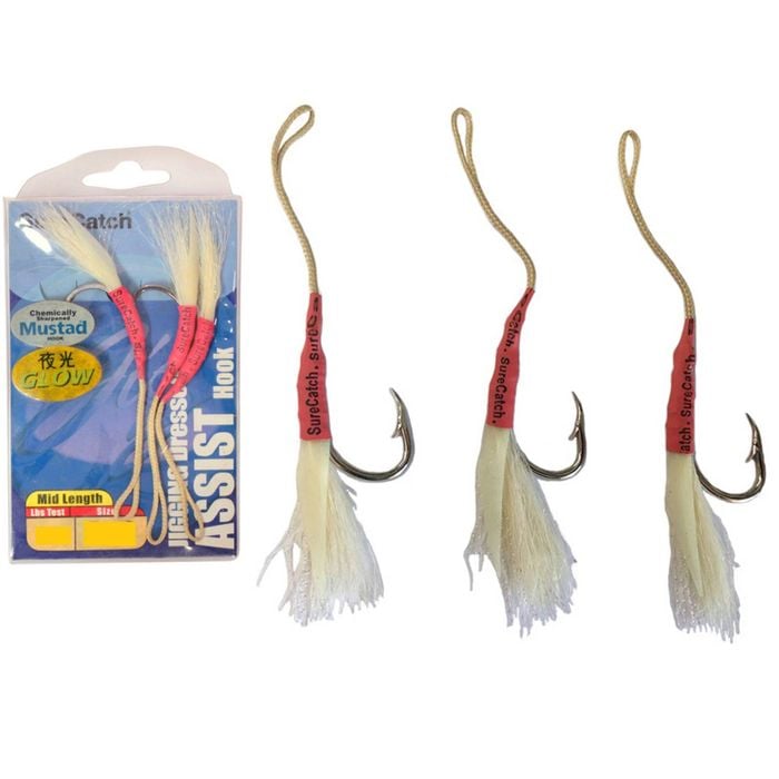 3 Pack of Surecatch Mid Length Dressed Jigging Assist Hooks - Mustad Hooks (Size 6/0)