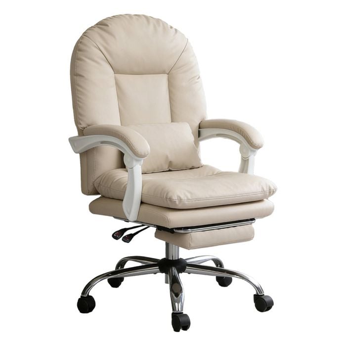 Levede Office Chair With Footrest Comfy Desk Chair With Wheels Pu Leather Beige