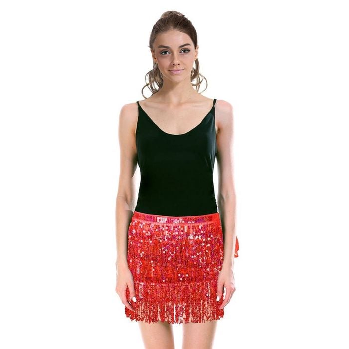 Adult Sequin Fringe Skirt w/ Adjustable Tie Costume Party in Red