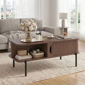 Advwin Coffee Table Fluted Center Table With Sliding Door Side Table W/ Hidden Storage & Shelf Walnut