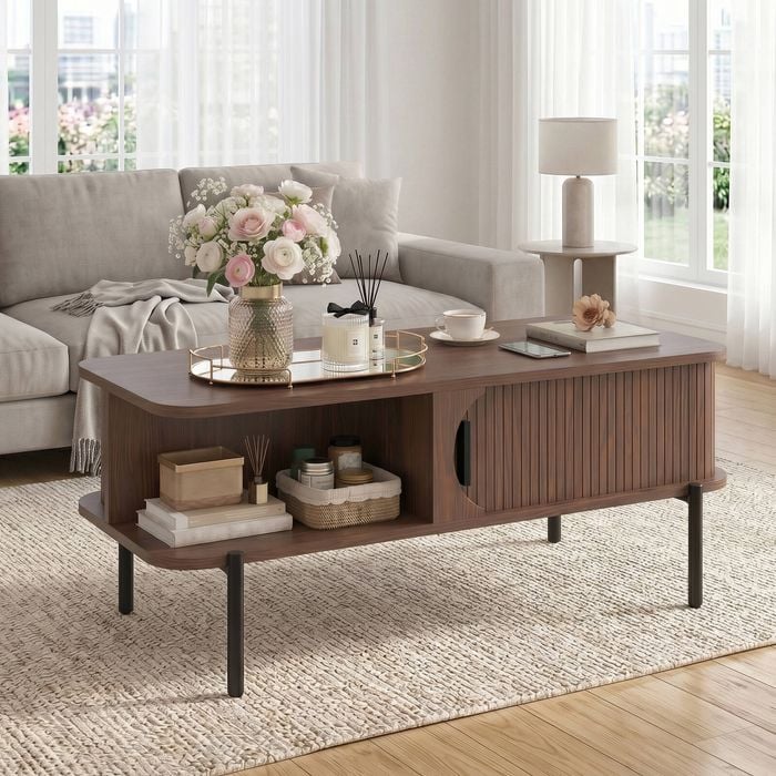 Advwin Coffee Table Fluted Center Table With Sliding Door Side Table W/ Hidden Storage & Shelf Walnut